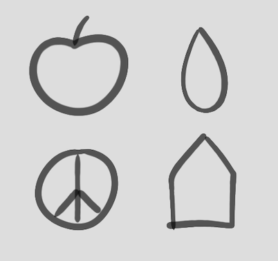 Four basic black outline doodles arranged in a square, with an ambiguous piece of fruit, a water drop, a peace sign and a doodle of a house
