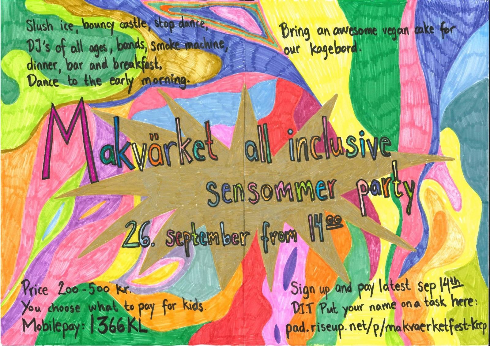 Poster for the summer party, hand drawn with many bright colours and swirls. The text from the poster is copied below.