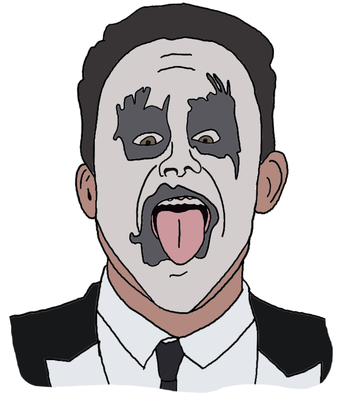 A cartoon of Robbie Williams with his tongue out wearing white face paint with dark patches around his eyes and mouth