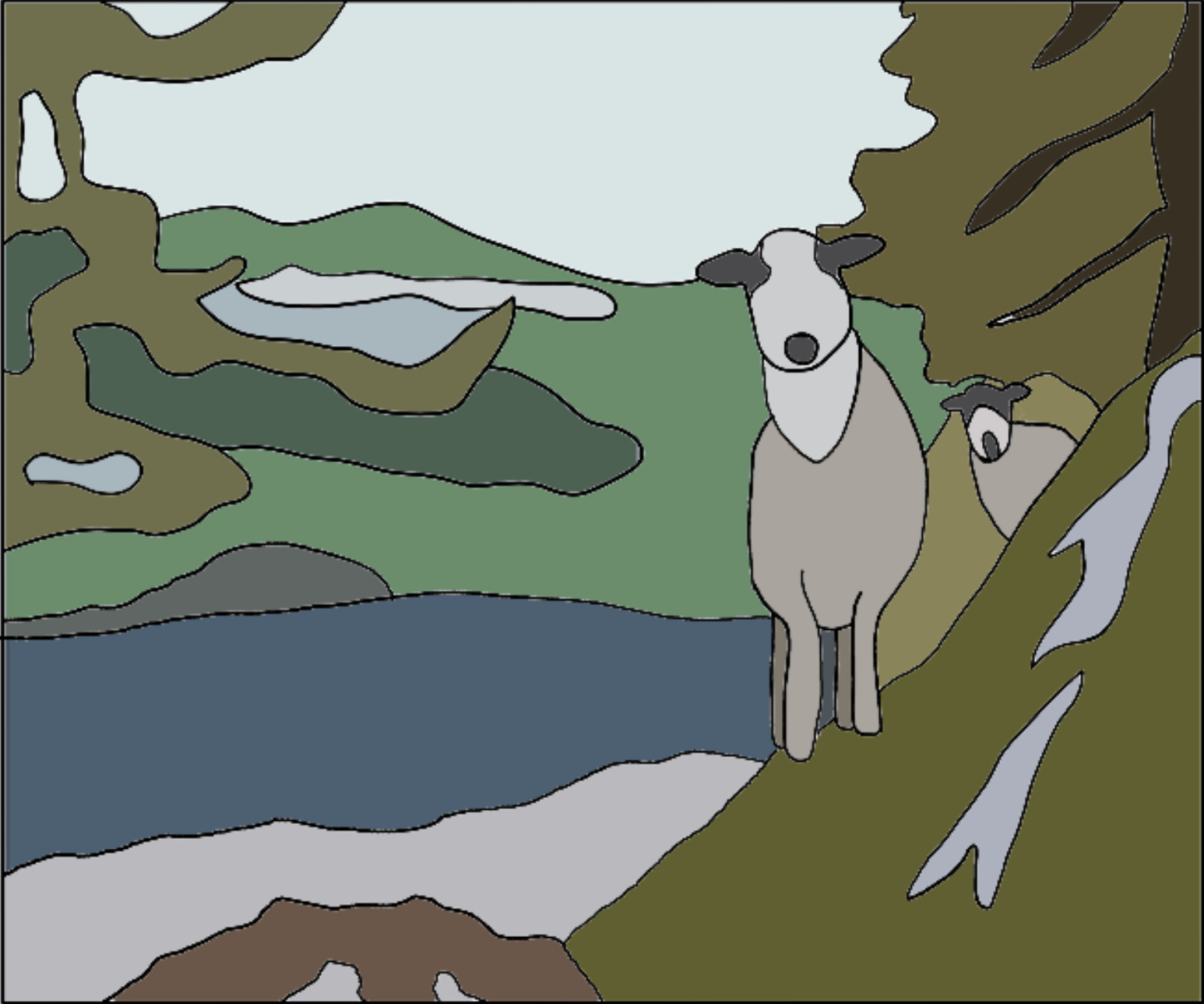 Semi abstract cartoon of two slightly surprised, curious looking sheep looking at the 'camera' from their spoot under a tree on a slope next to a large lake. The sky is cloudy.