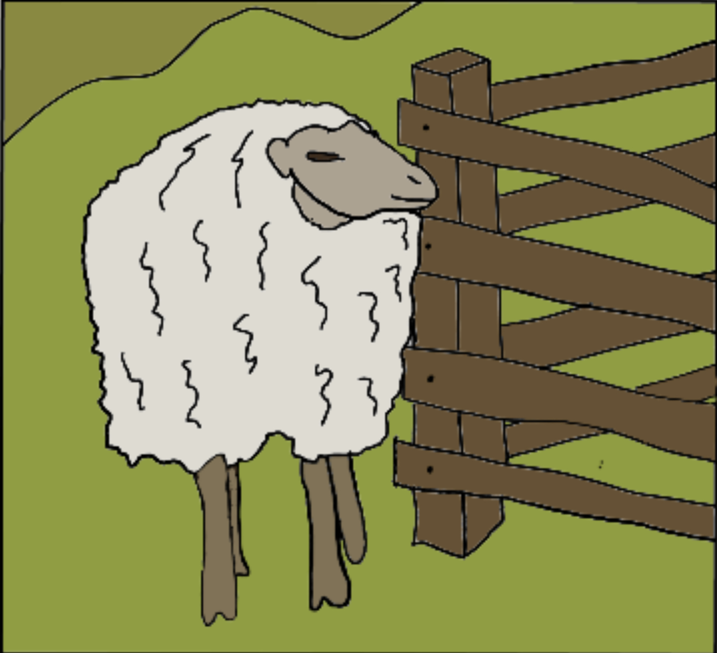 A cartoon of a shaggy, contented looking sheep stood just outside the corner of a wooden-fenced sheep pen with a grassy background.