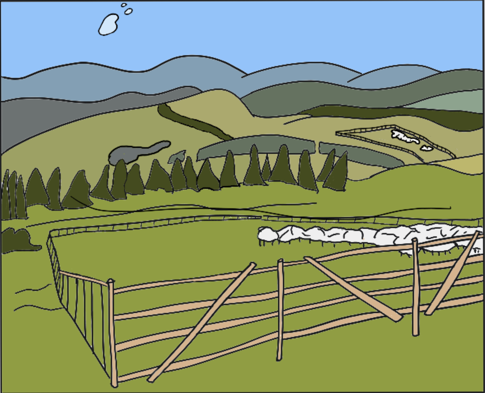 A cartoon of a green countryside landscape with two large wooden-fenced sheep pens with sheep in them. One pen is in the foreground and one in the background on a distant hill. There is a line of trees, and areas shaded in various greeny-bluey-grey colours rolling into the distance.